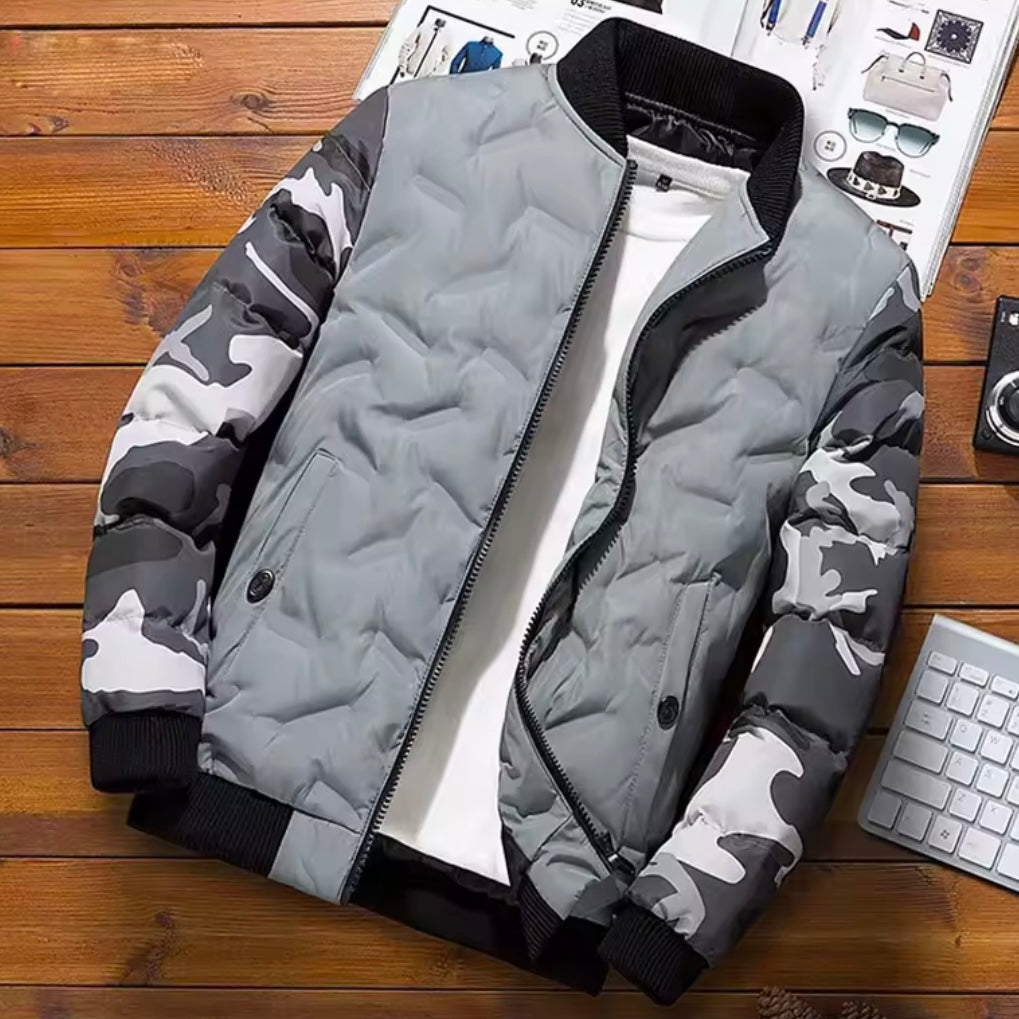 Men's Quilted Jacket with Camouflage Sleeves and Ribbed Cuffs