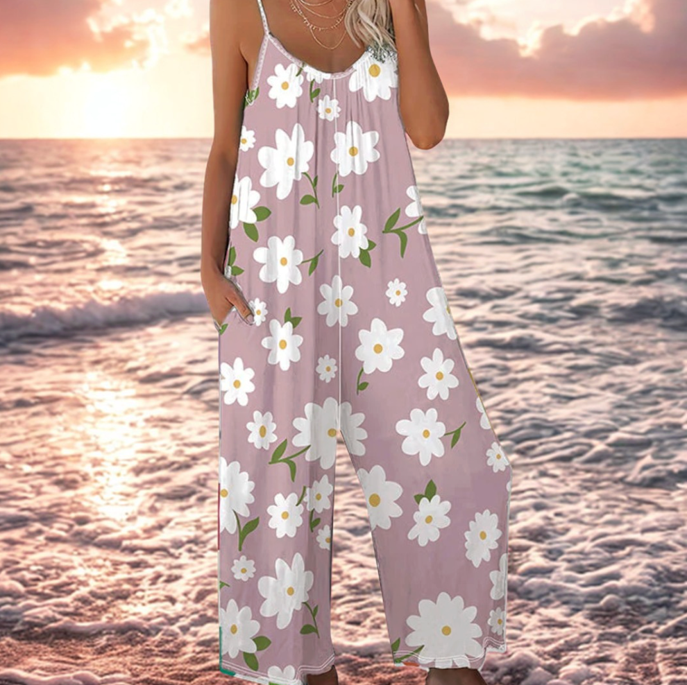 Women's Jumpsuit with Thin Straps, Floral Print, Wide Legs