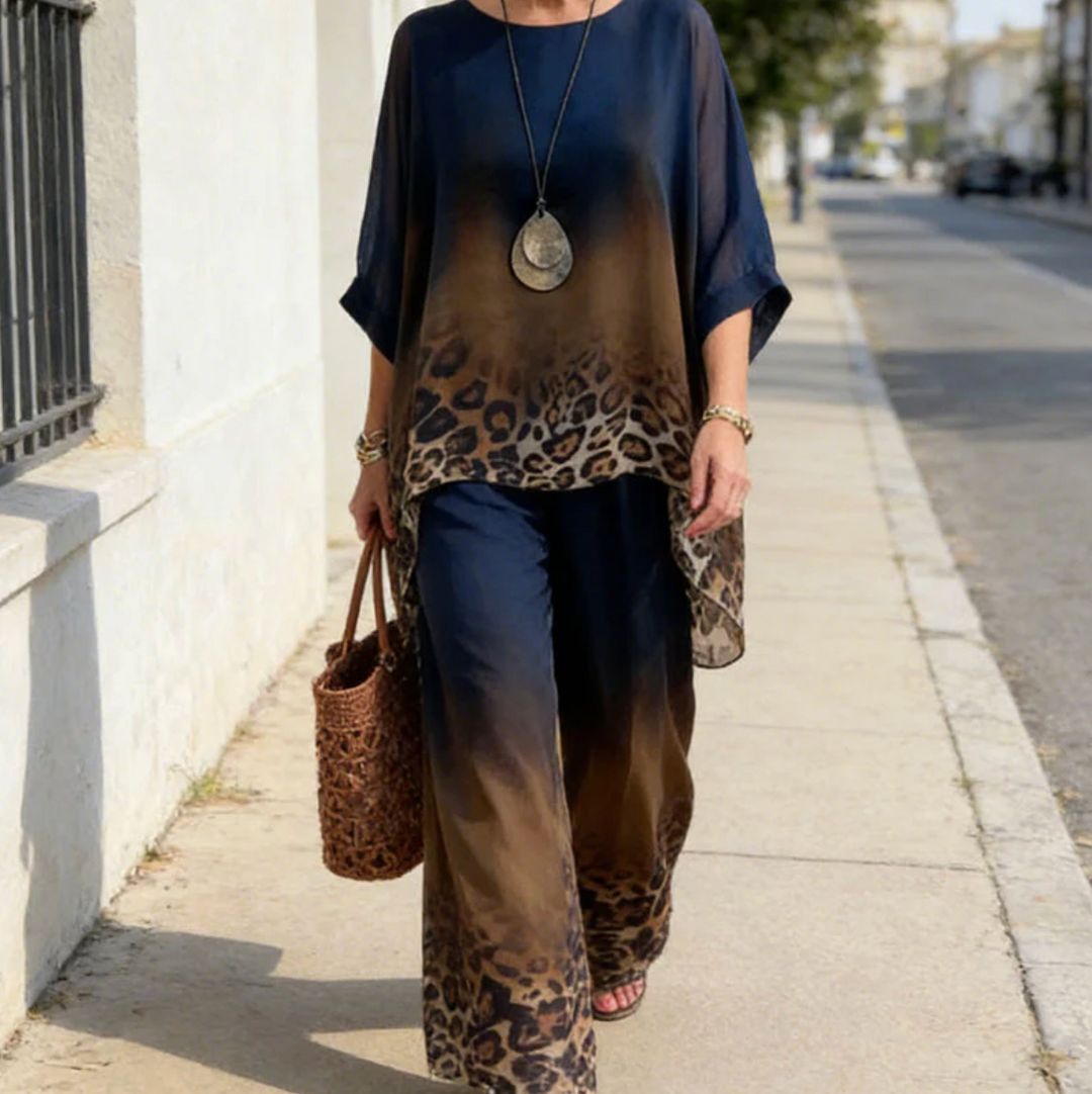 Women's Leopard Gradient Poncho Wide Leg Set