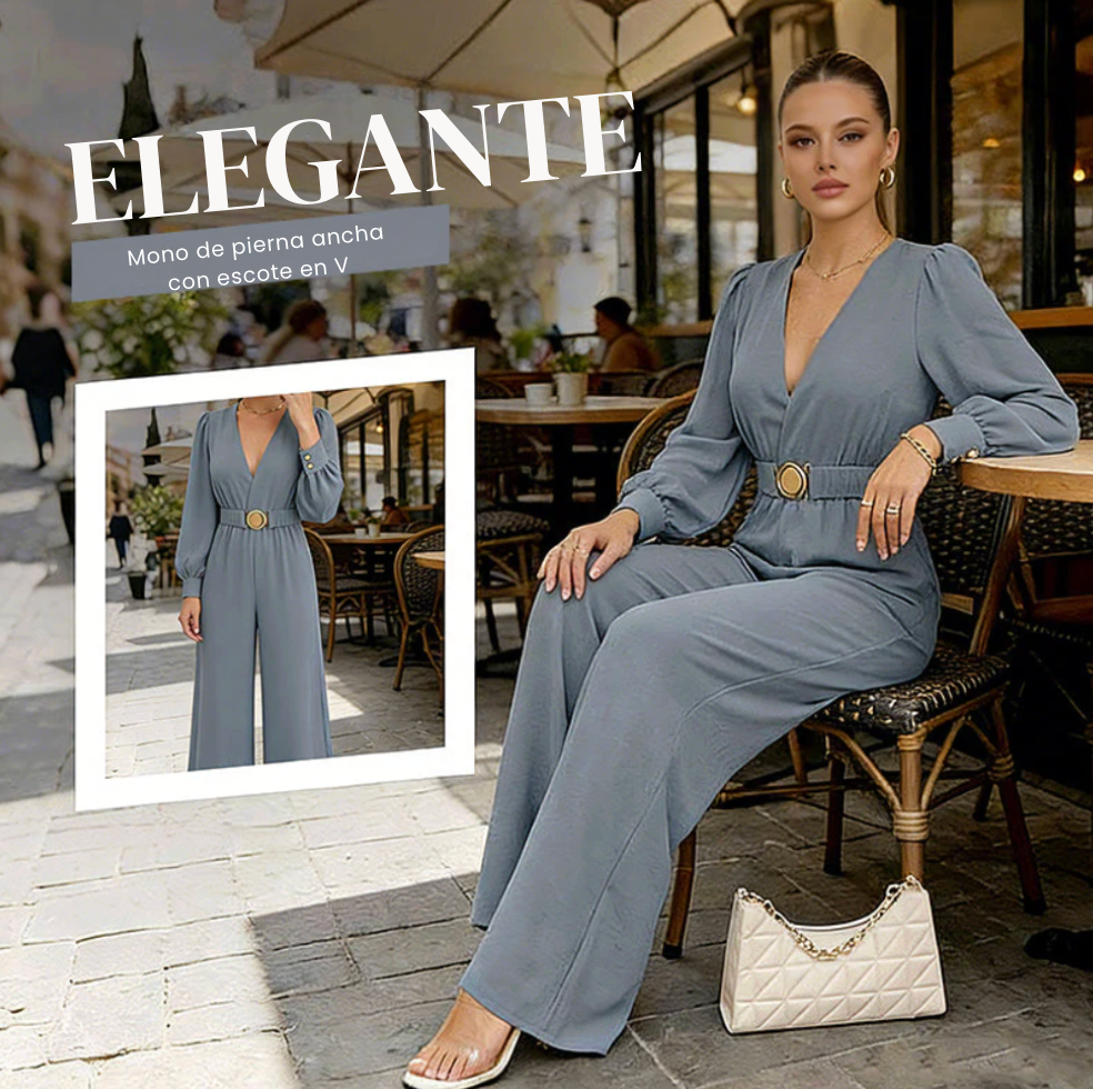 Women’s V-Neck Jumpsuit with Puff Sleeves and Gold Belt