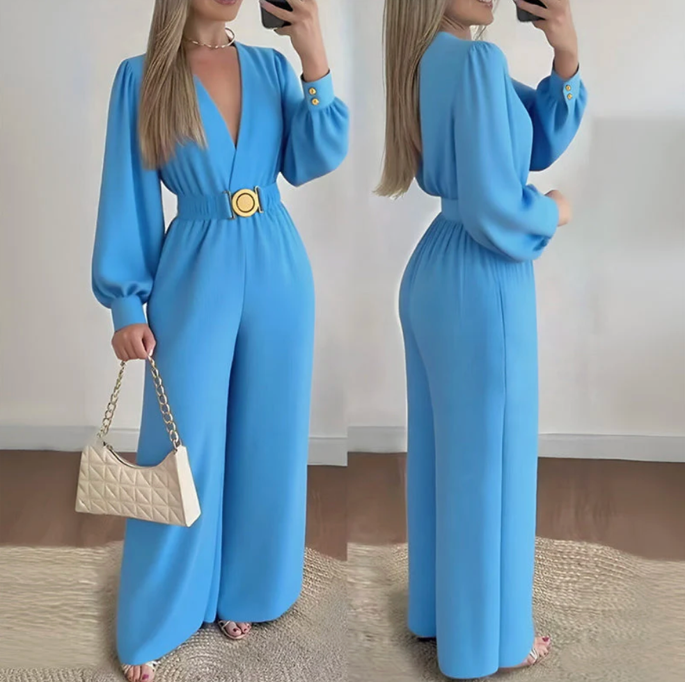 Women’s V-Neck Jumpsuit with Puff Sleeves and Gold Belt