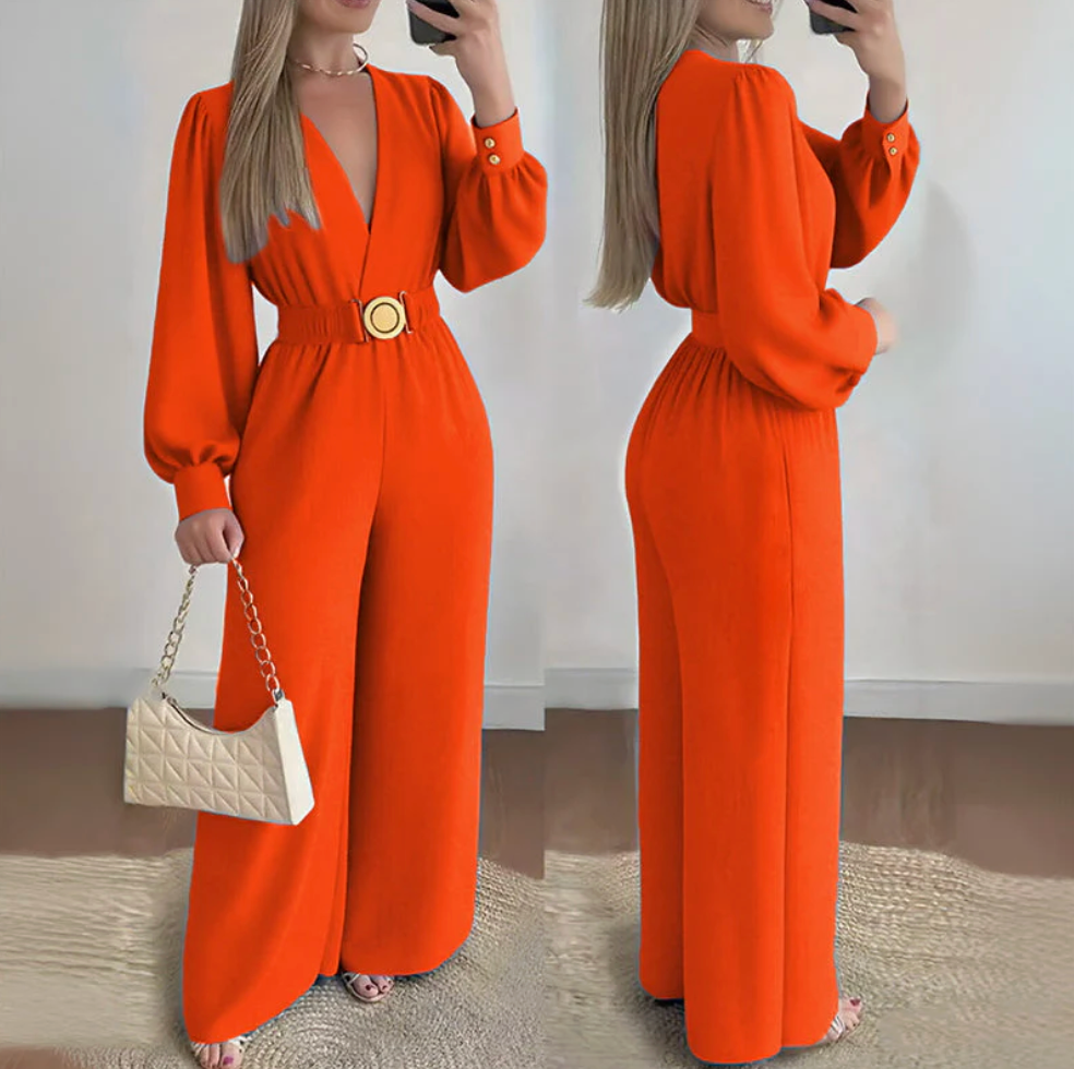 Women’s V-Neck Jumpsuit with Puff Sleeves and Gold Belt