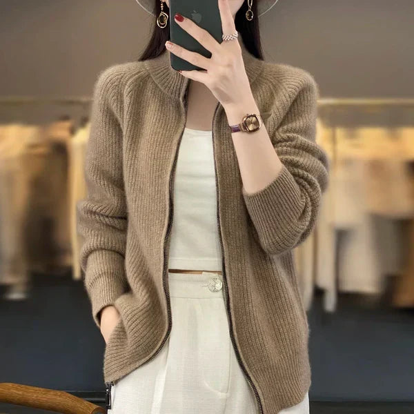 Zippered cardigan for women | Stand-up collar & slim fit