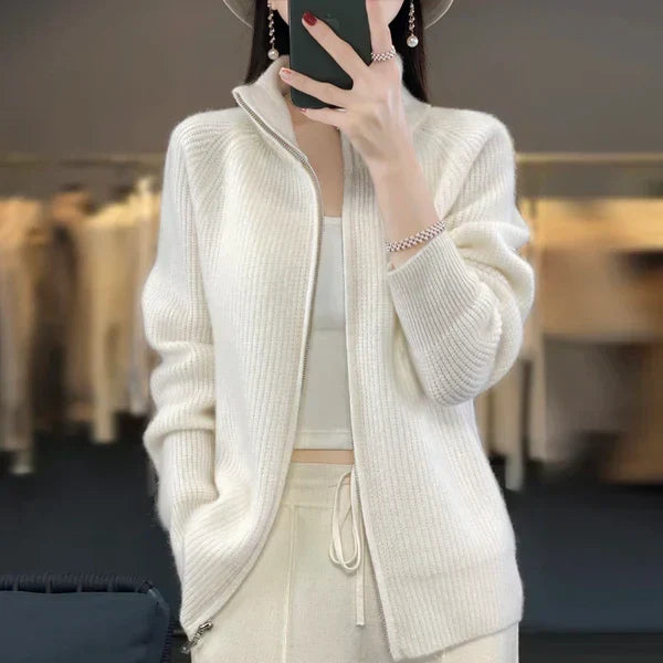 Zippered cardigan for women | Stand-up collar & slim fit