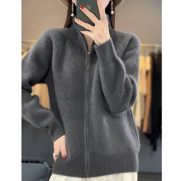 Zippered cardigan for women | Stand-up collar & slim fit