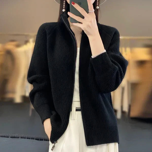 Zippered cardigan for women | Stand-up collar & slim fit