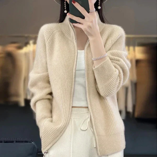 Zippered cardigan for women | Stand-up collar & slim fit