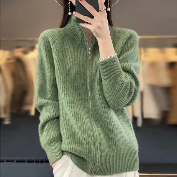 Zippered cardigan for women | Stand-up collar & slim fit
