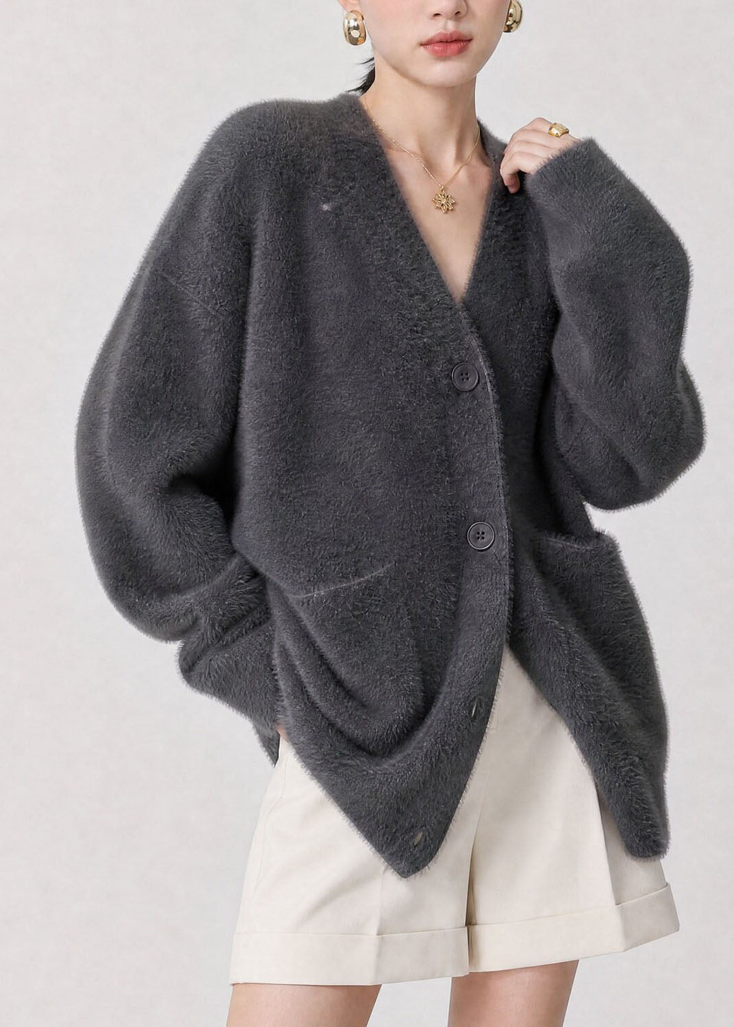 Women's Cardigan with V-Neck, Buttons, and Pockets