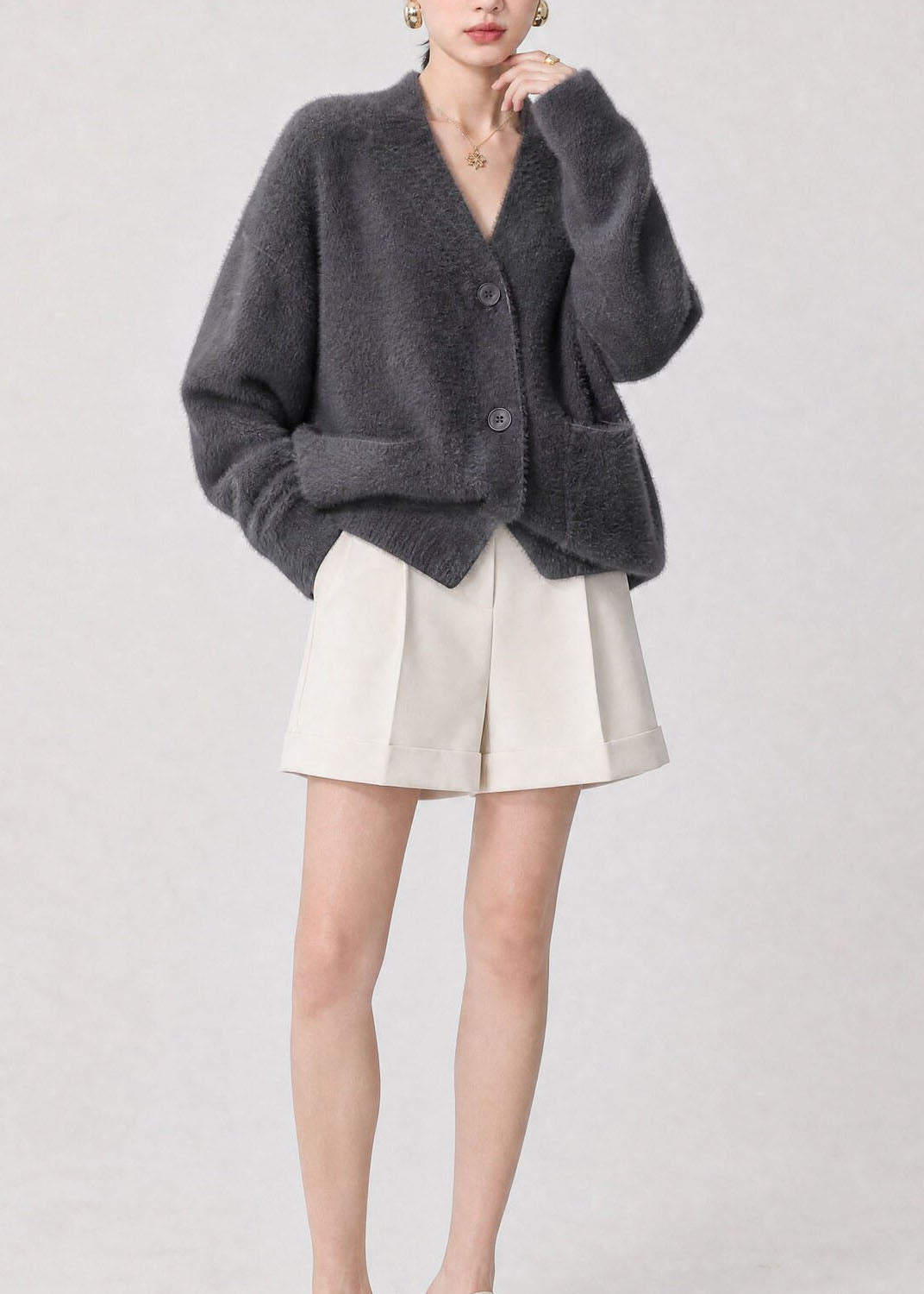 Women's Cardigan with V-Neck, Buttons, and Pockets