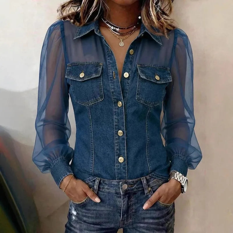 Women's Denim Shirt with Sheer Sleeves