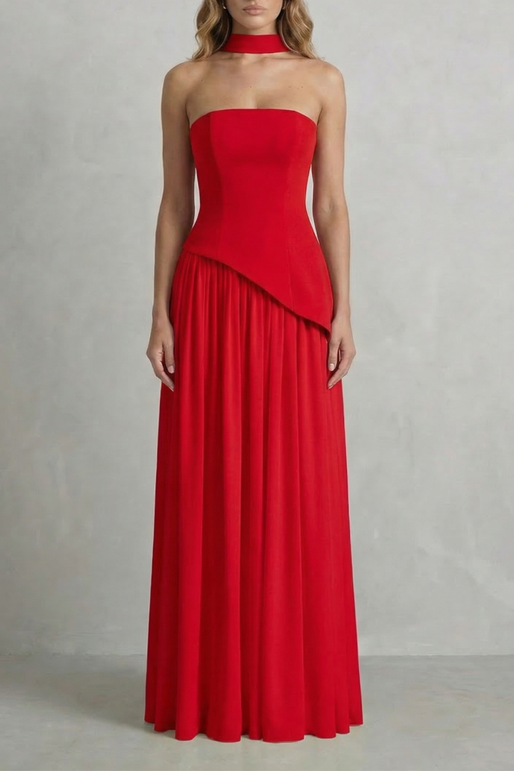 Celestara – Sculpted draped slit – Strapless maxi dress