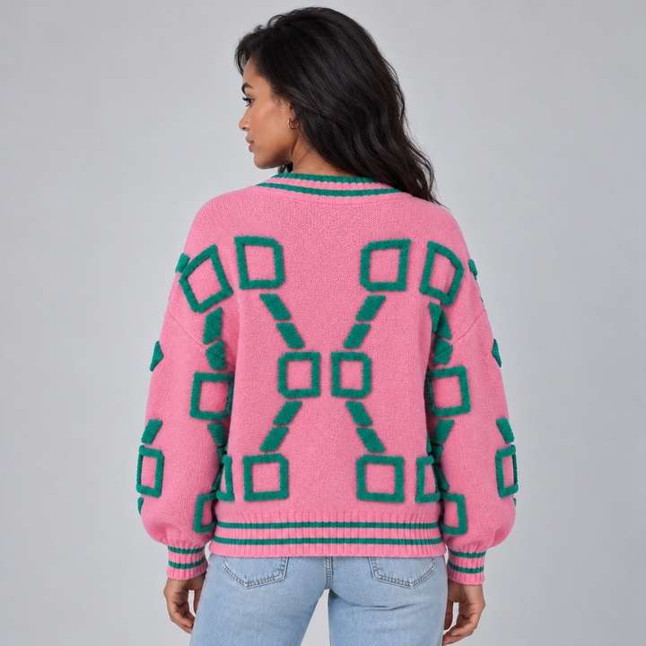 Montarello Women's Geometric V-Neck Cardigan, Button Front
