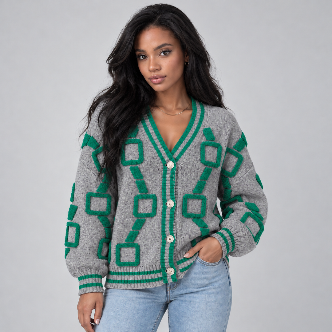 Montarello Women's Geometric V-Neck Cardigan, Button Front