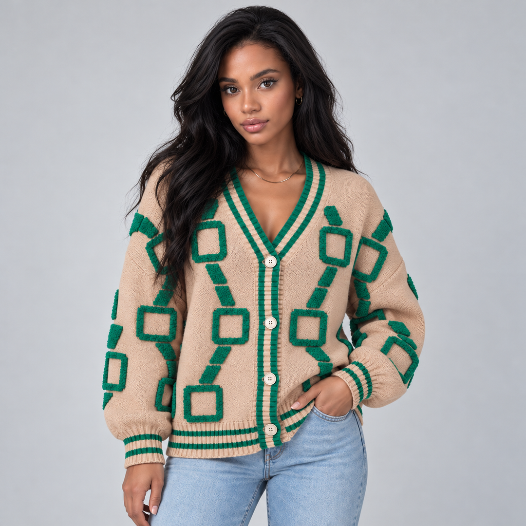 Montarello Women's Geometric V-Neck Cardigan, Button Front