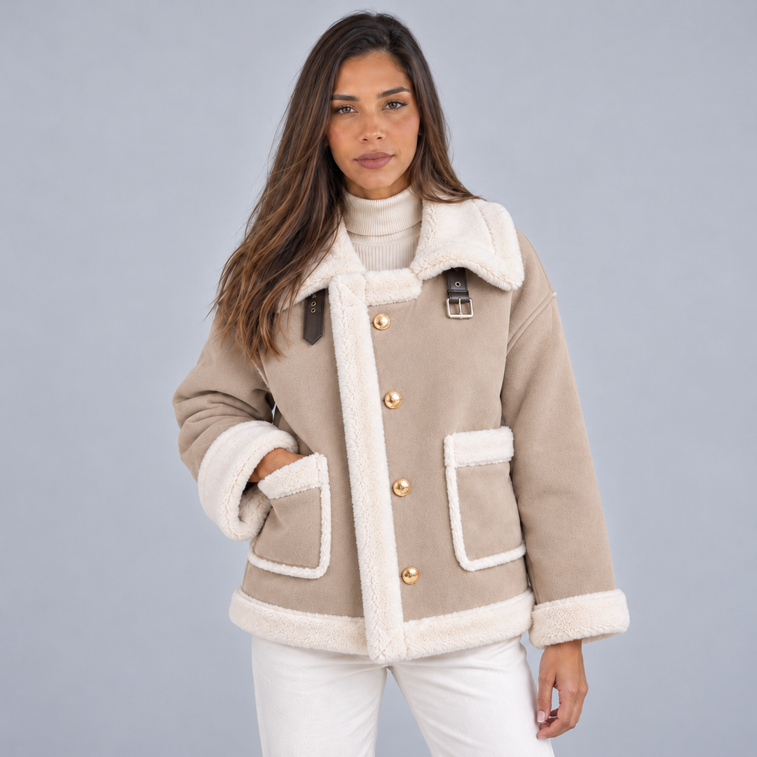 Montarello Women's Jacket Suede-Look Borg Aviator Button Front