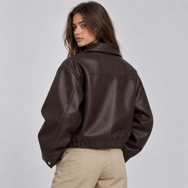 Montarello Women's Biker Jacket in Faux Leather with Lapel Collar