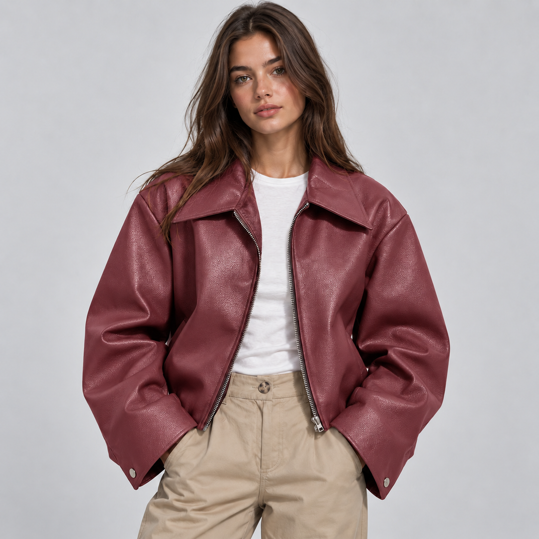 Montarello Women's Biker Jacket in Faux Leather with Lapel Collar