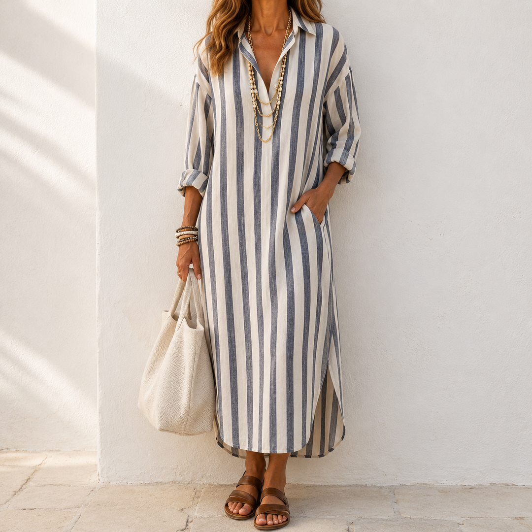 Women's Shirt Dress with Vertical Stripes and Relaxed Flowing Cut