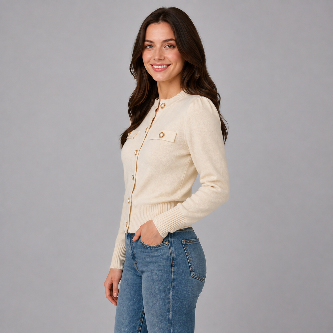 Short women's cardigan Montarello, round neck, gold buttons