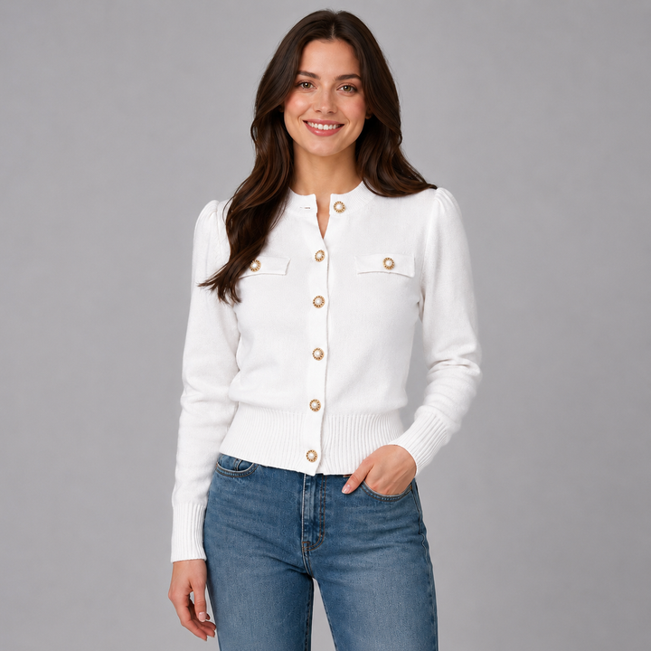 Short women's cardigan Montarello, round neck, gold buttons