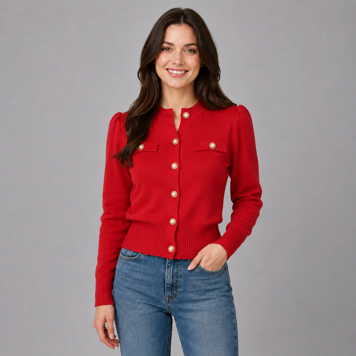 Short women's cardigan Montarello, round neck, gold buttons