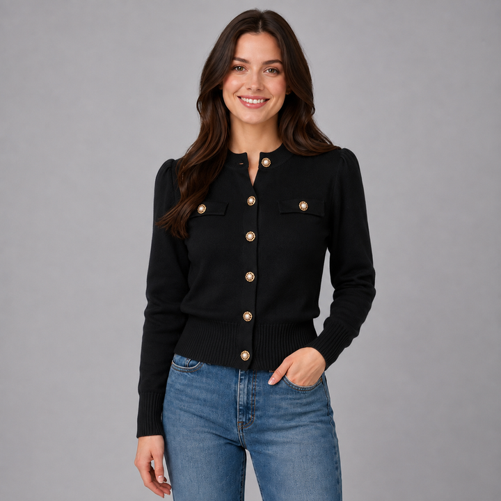 Short women's cardigan Montarello, round neck, gold buttons
