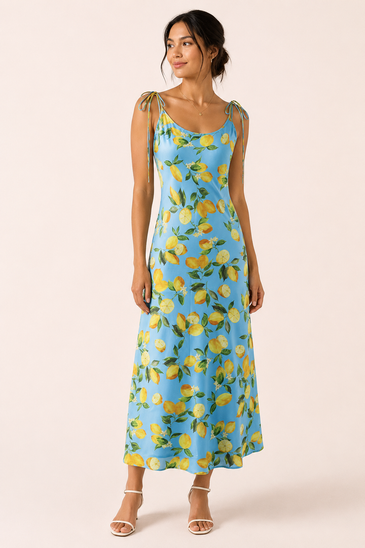 Long women's dress with vintage lemon print and bow - Élodie