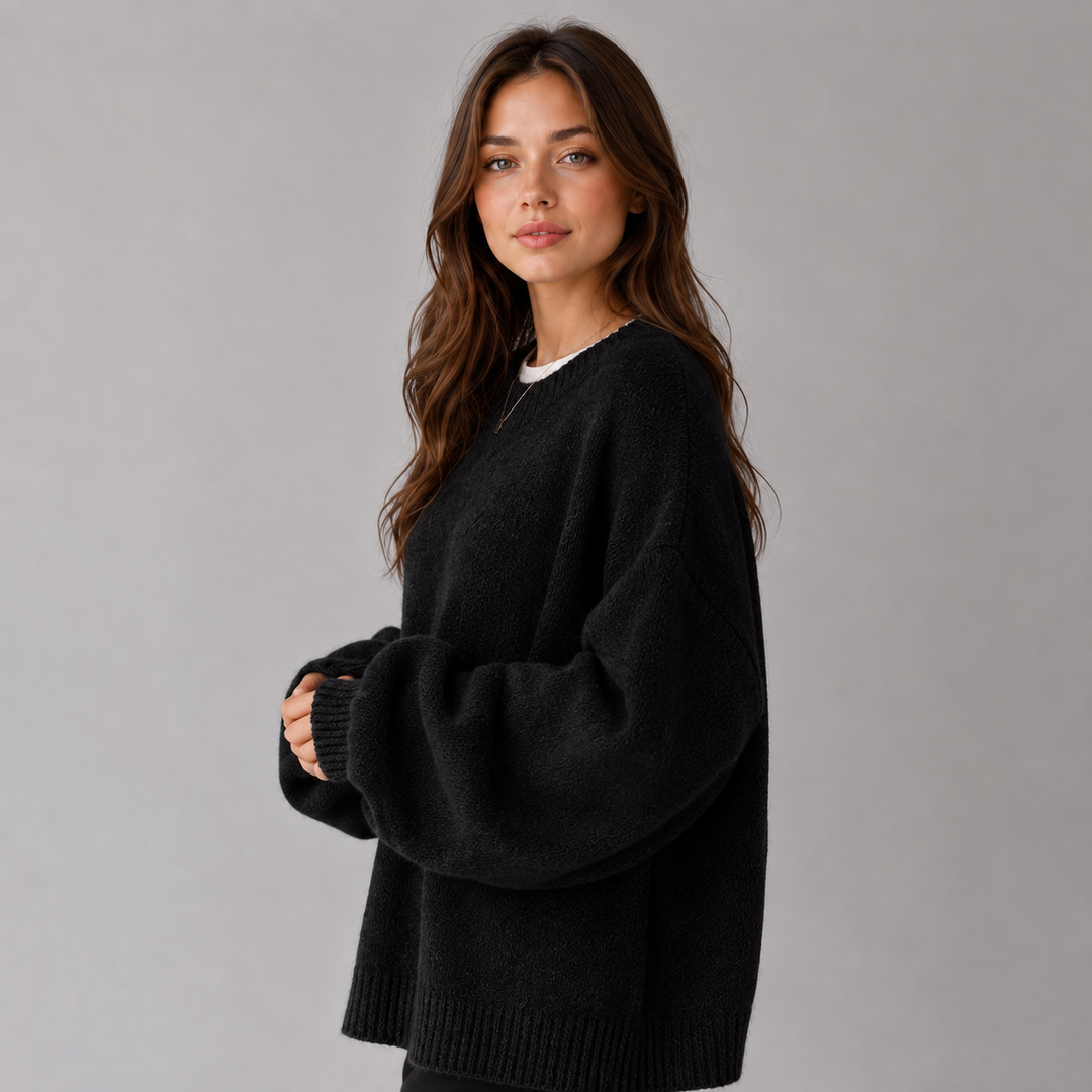 Women's Montarello Sweater with Round Neck, Dropped Shoulders, and Side Slits