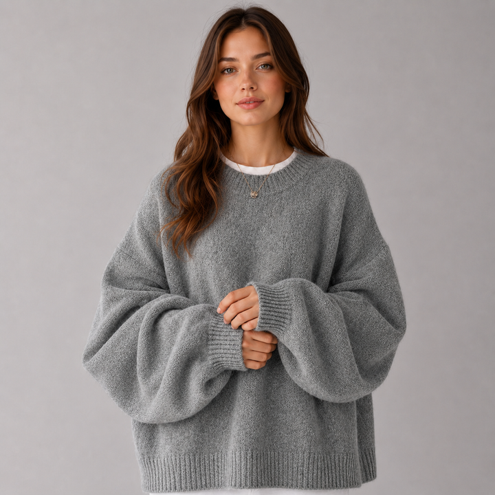 Women's Montarello Sweater with Round Neck, Dropped Shoulders, and Side Slits