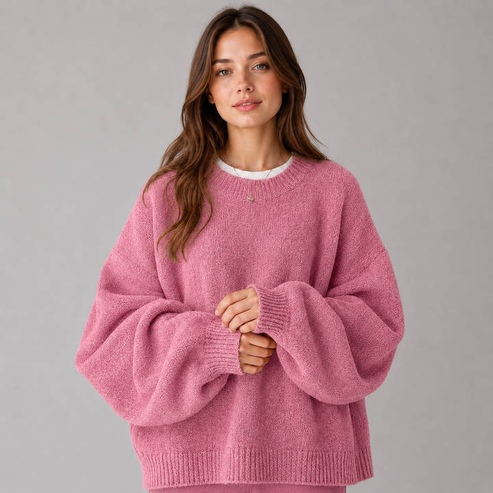 Women's Montarello Sweater with Round Neck, Dropped Shoulders, and Side Slits