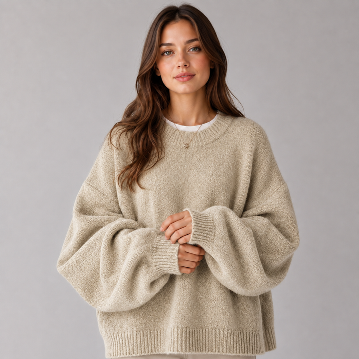 Women's Montarello Sweater with Round Neck, Dropped Shoulders, and Side Slits