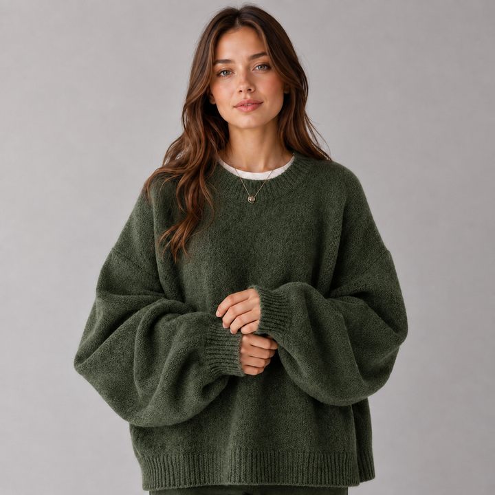 Women's Montarello Sweater with Round Neck, Dropped Shoulders, and Side Slits