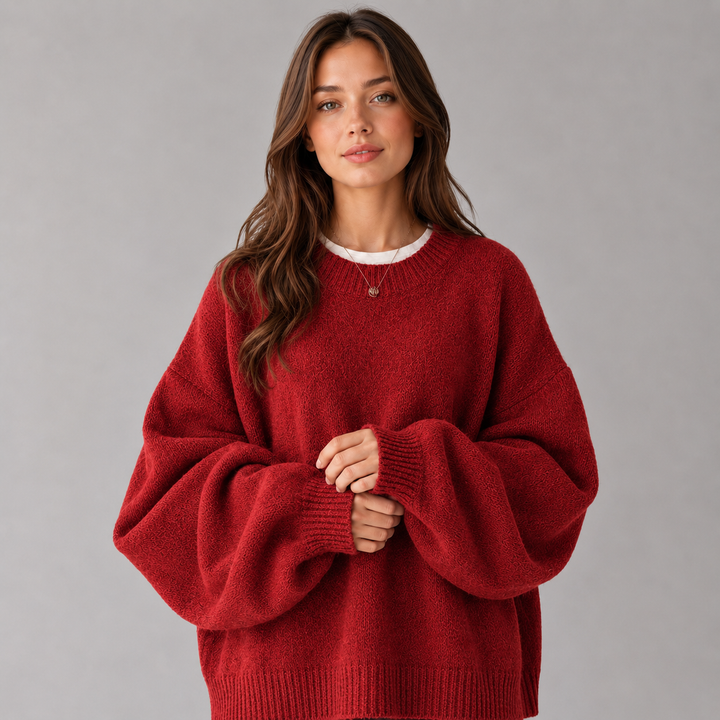 Women's Montarello Sweater with Round Neck, Dropped Shoulders, and Side Slits