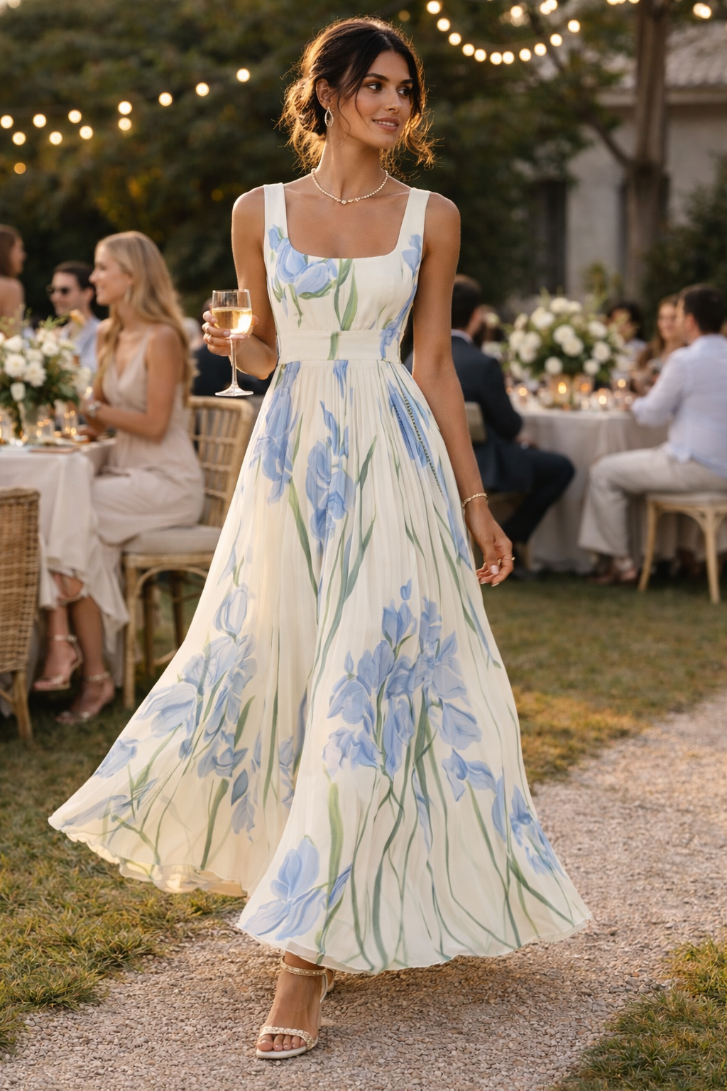 Elegant Floral Pleated Long Dress for Women - Leonore