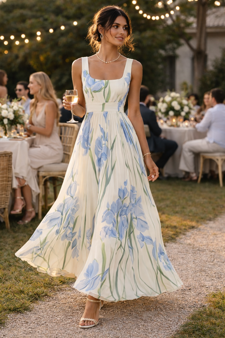 Elegant Floral Pleated Long Dress for Women - Leonore