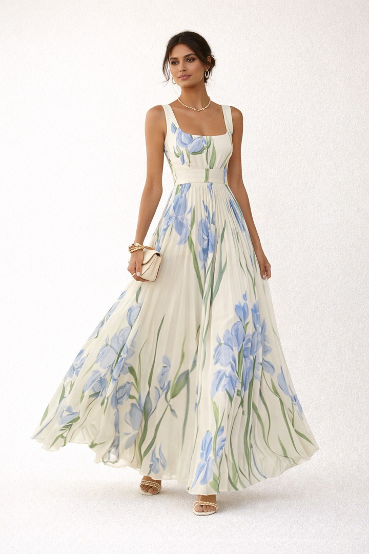 Elegant Floral Pleated Long Dress for Women - Leonore