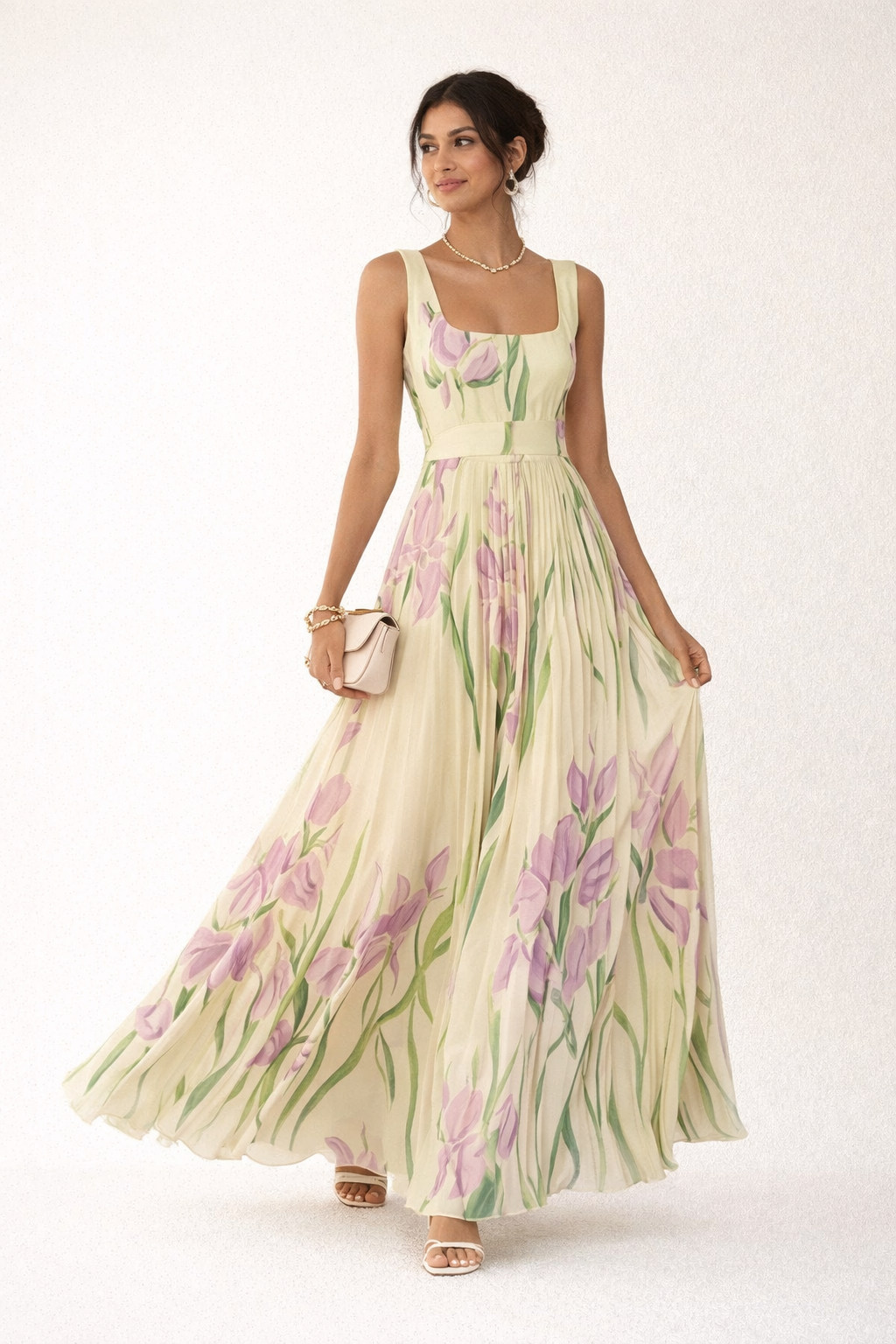 Elegant Floral Pleated Long Dress for Women - Leonore