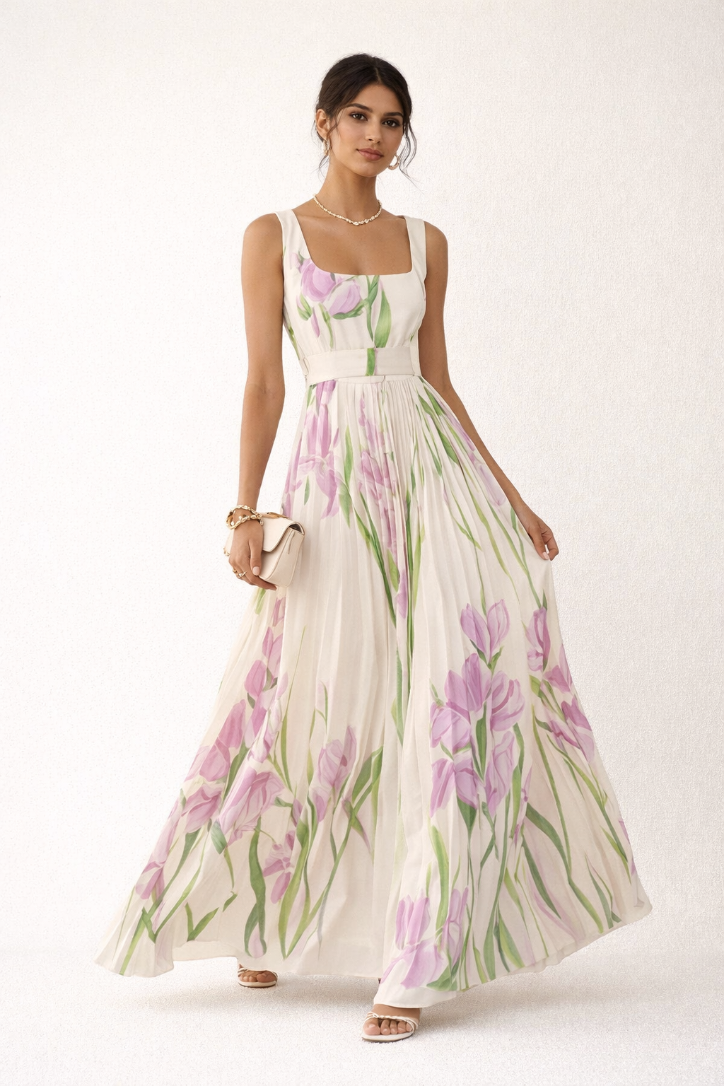 Elegant Floral Pleated Long Dress for Women - Leonore