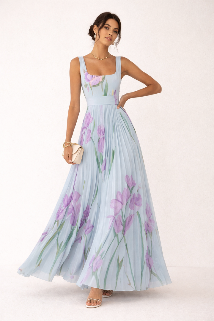 Elegant Floral Pleated Long Dress for Women - Leonore