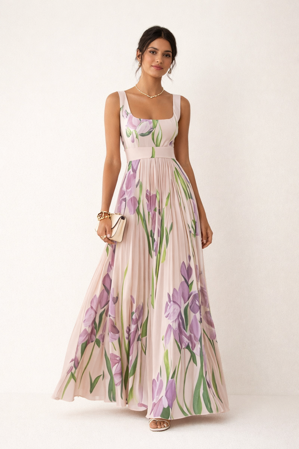 Elegant Floral Pleated Long Dress for Women - Leonore