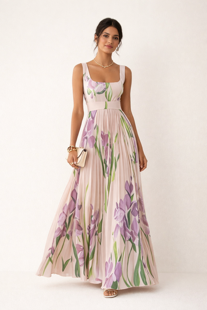 Elegant Floral Pleated Long Dress for Women - Leonore