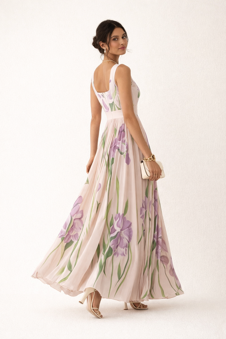 Elegant Floral Pleated Long Dress for Women - Leonore