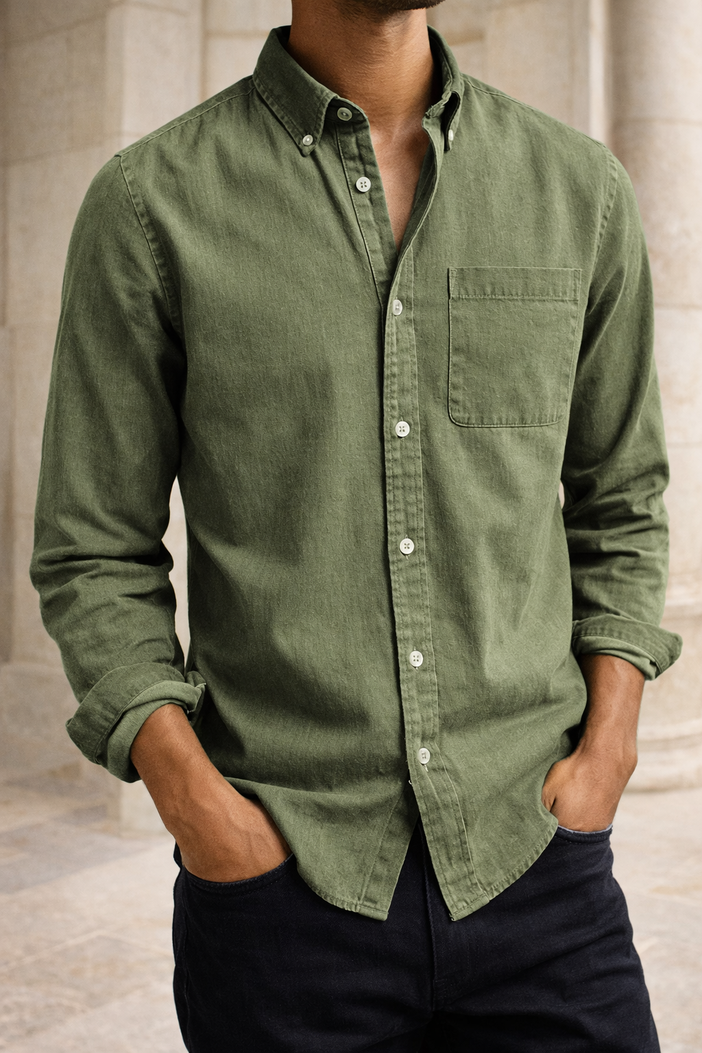 Men's Cotton Shirt with Button-Down Collar for an Everyday Smart-Casual Look