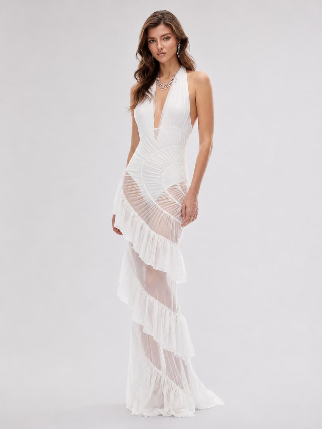 Sculpted Halter Ruffle Maxi Dress