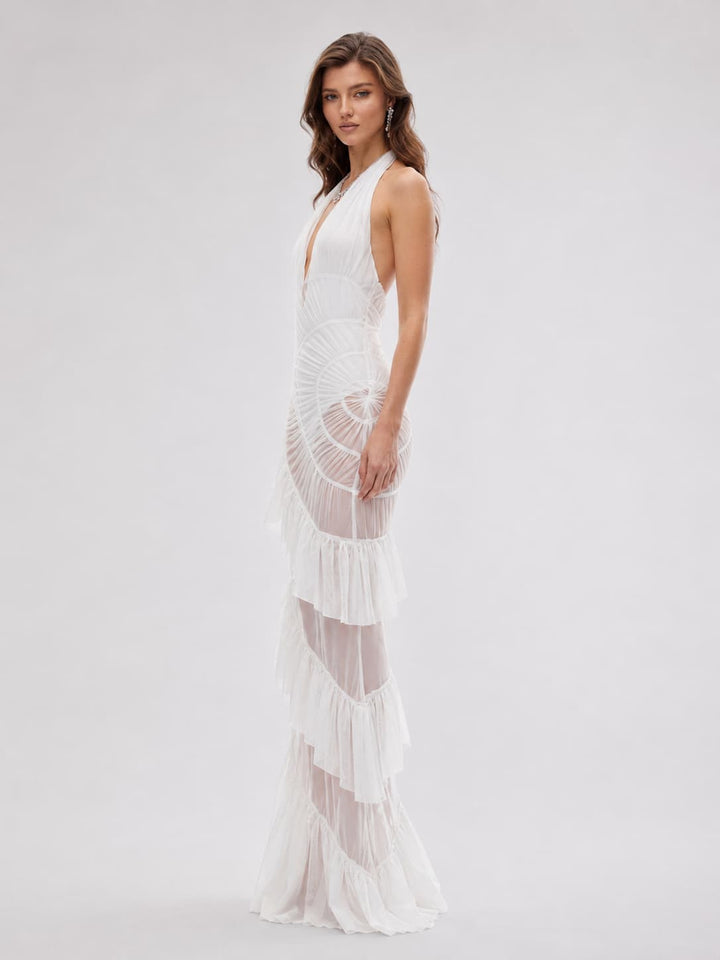 Sculpted Halter Ruffle Maxi Dress