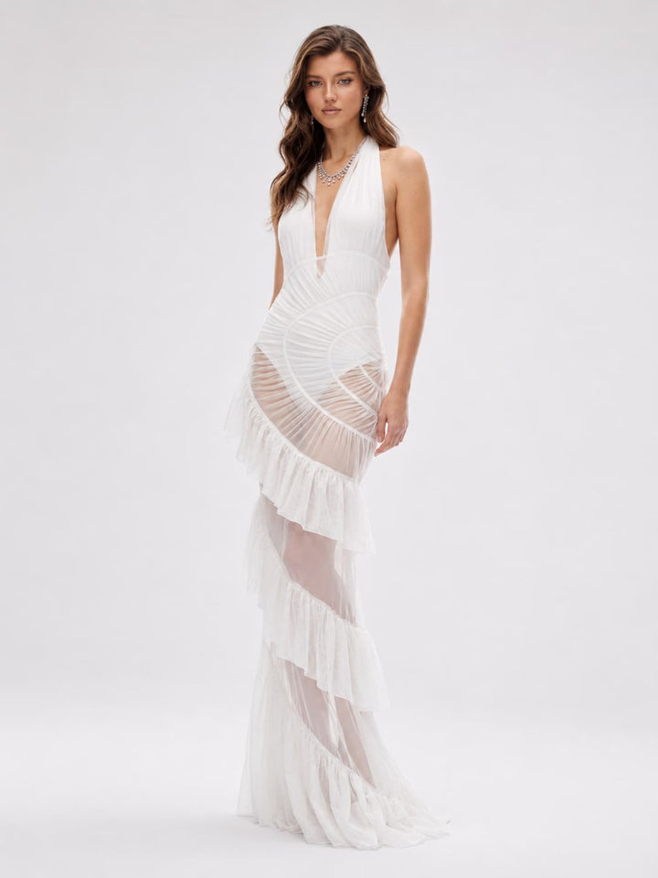 Sculpted Halter Ruffle Maxi Dress