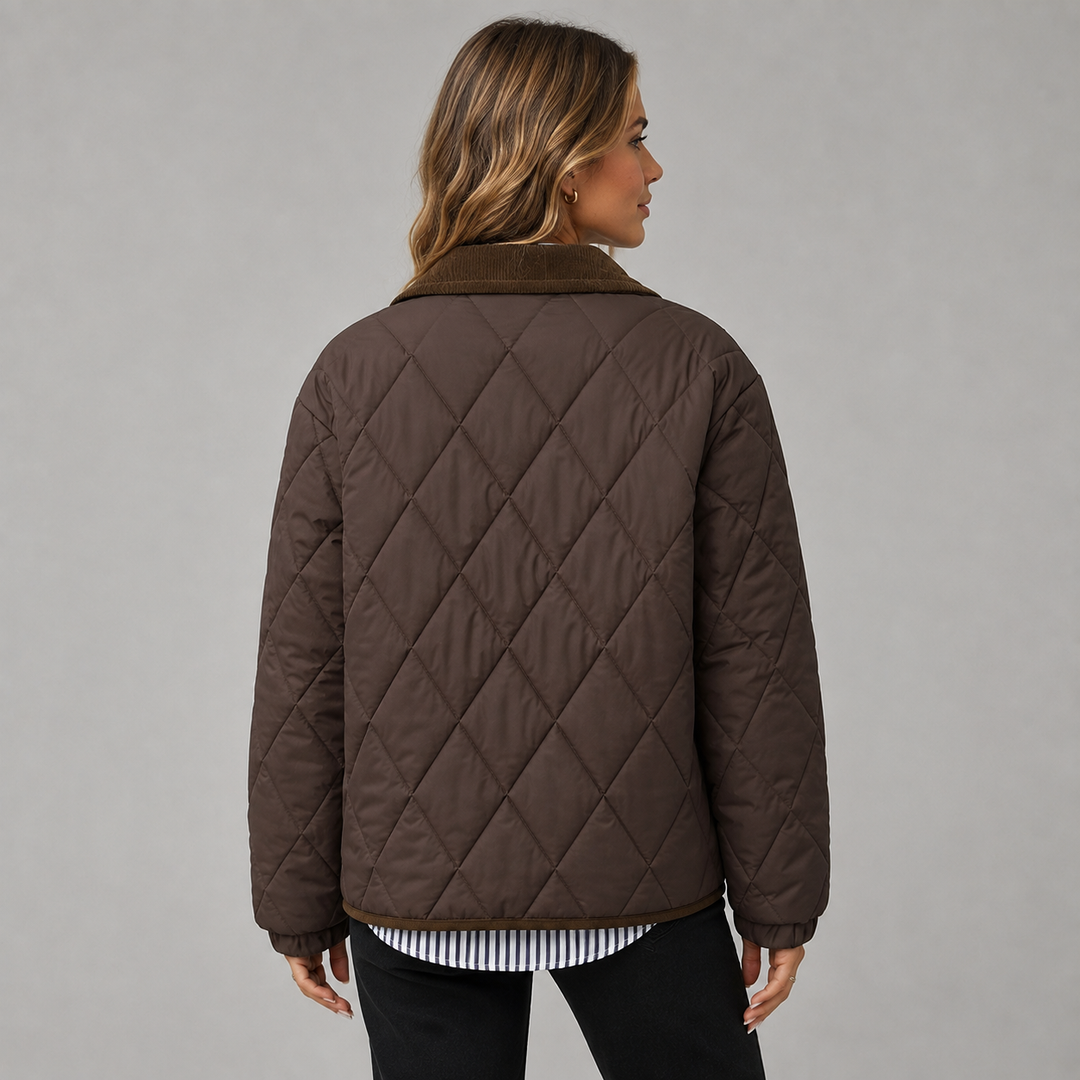Montarello Women's Quilted Jacket Cropped Check Contrast Collar, view 2 - Elena Harper