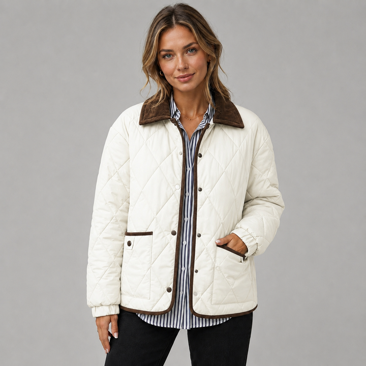 Montarello Women's Quilted Jacket Cropped Check Contrast Collar, view 6 - Elena Harper