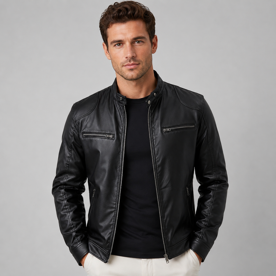 Men's Leather Effect Biker Jacket with High Collar Montarello